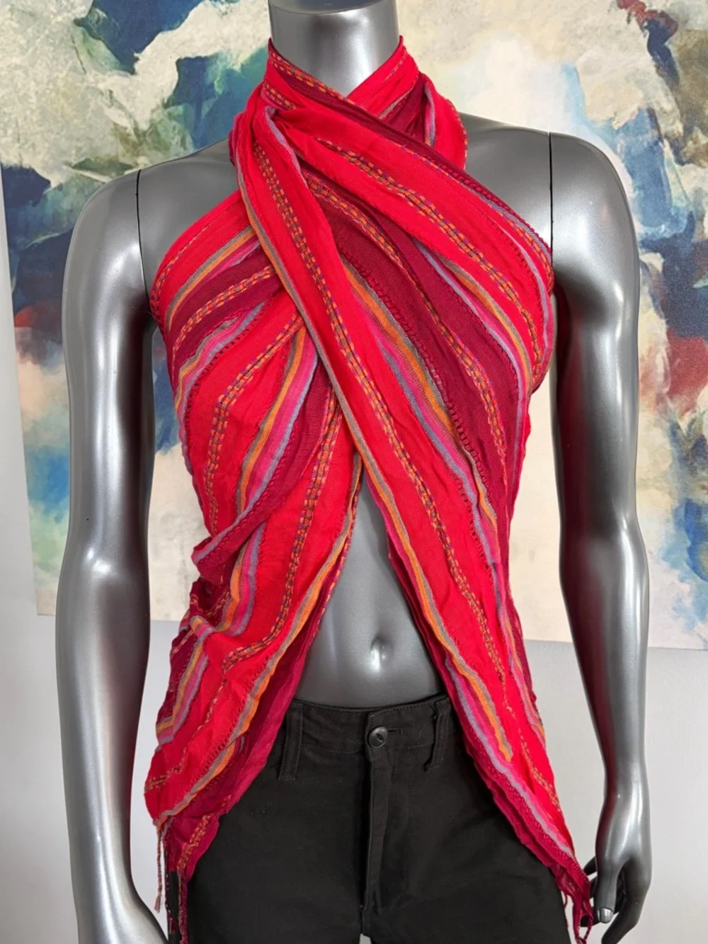 Vibrant Red Striped Women's Scarf, Shoulder Wrap, Or Hijab